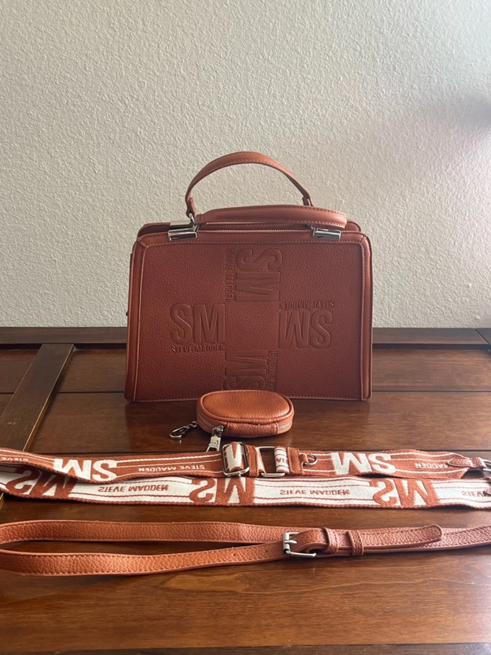 Steve Madden Embossed SM Top-Handle-Crossbody Satchel in Brown Cognac